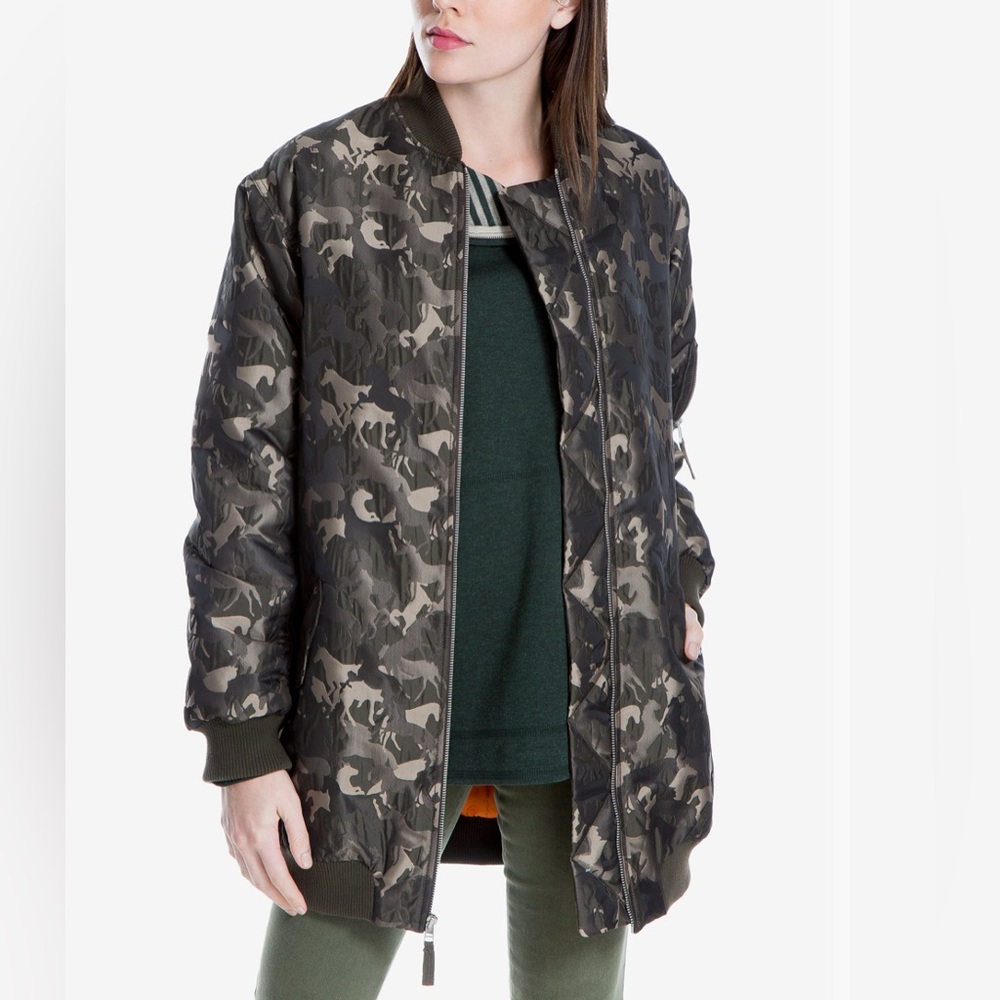 Max Studio Horse-Print Camo Bomber Jacket